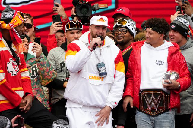 <p>Jay Biggerstaff/Getty </p> Kansa City Chiefs celebrating Super Bowl win