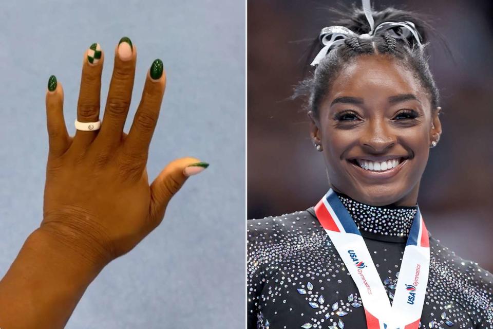 <p>Simone Biles/Instagram; Ezra Shaw/Getty </p> Simone Biles revealed her  green manicure on October 26