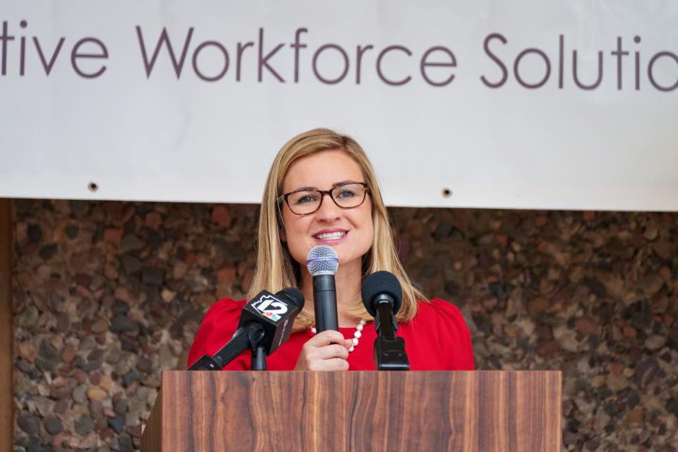 Phoenix Mayor Kate Gallego speaks at the grand reopening of the Arizona @ Work West Job Center on May 19, 2023, in Phoenix.