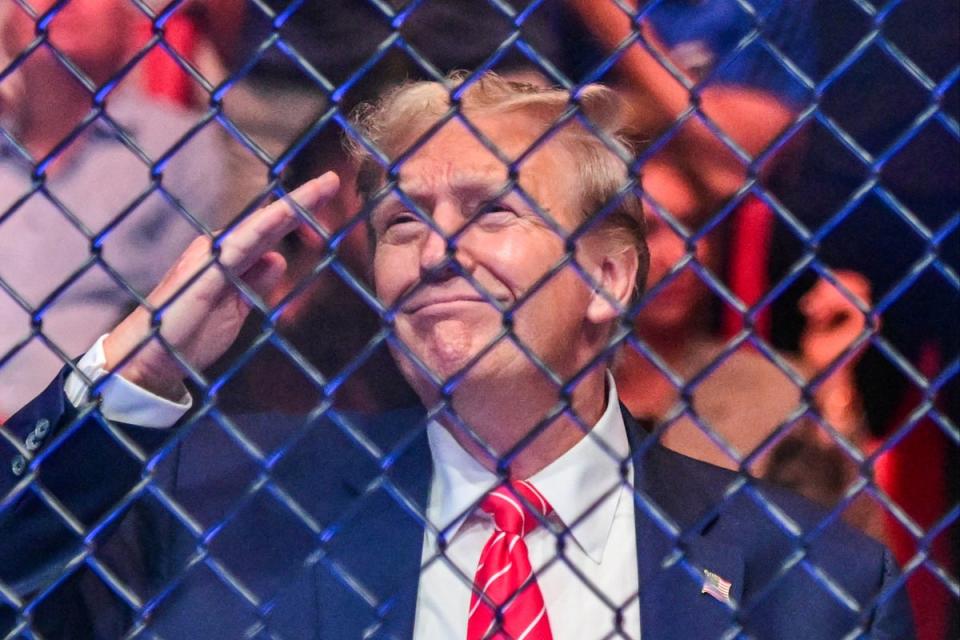 Former US President Donald Trump attends the Ultimate Fighting Championship (UFC) 299 mixed martial arts event at the Kaseya Center in Miami, Florida on March 9, 2024. The former president attended UFC  302 (AFP via Getty Images)