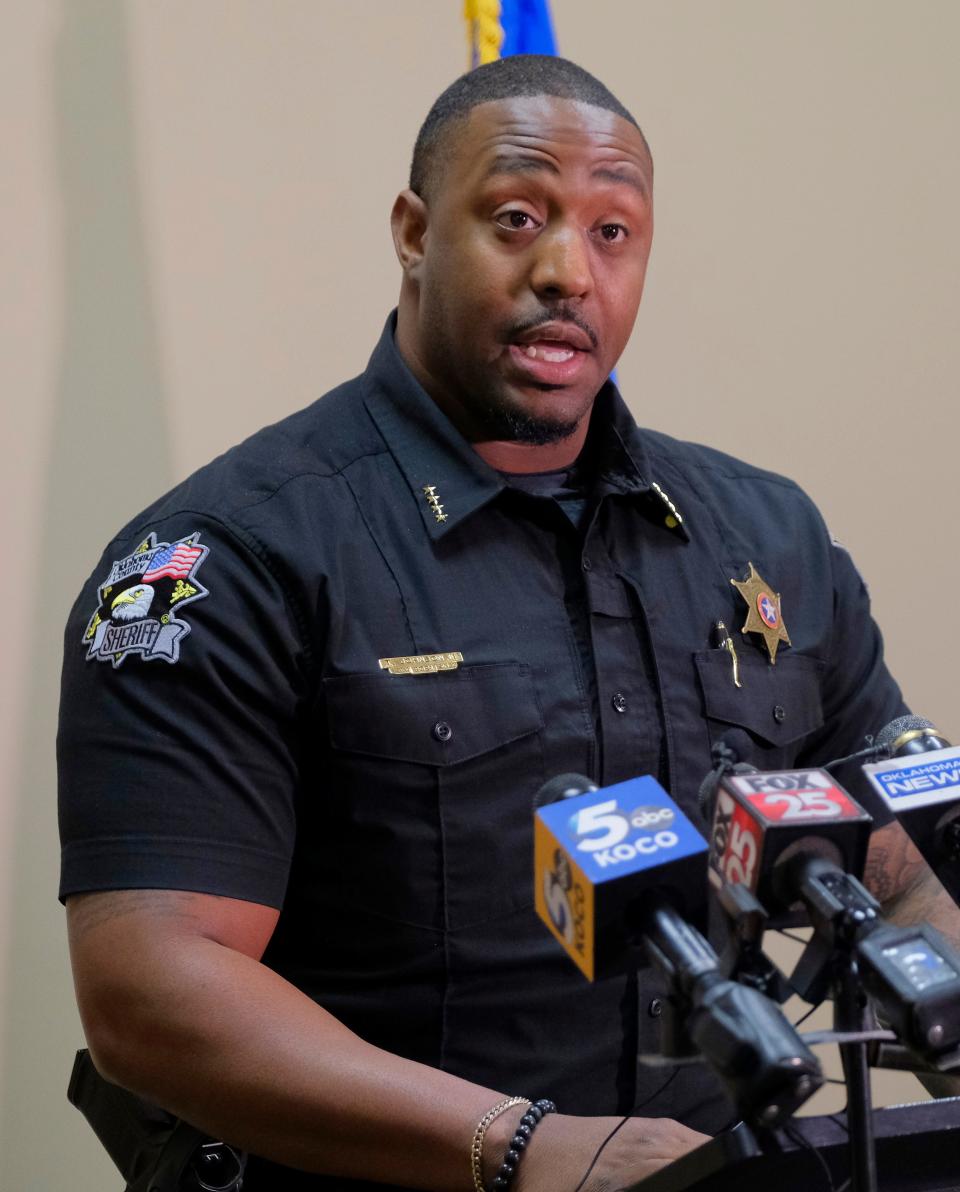 Oklahoma County Sheriff Tommie Johnson III speaks during a press briefing at the Oklahoma County Sheriff's Office on Jan. 5. Johnson plans to begin processing some people with charges at the Oklahoma County Courthouse to limit unnecessary walk-through traffic at the jail.