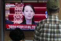 A TV screen shows a file image of Kim Yo Jong, the sister of North Korean leader Kim Jong Un, during a news program at the Seoul Railway Station in Seoul, South Korea, Thursday, June 1, 2023. Kim Yo Jong on Thursday accused the United States of "gangster-like" hypocrisy for criticizing her country's failed launch of a military spy satellite and insisted that the North will follow with a successful launch soon. (AP Photo/Ahn Young-joon)