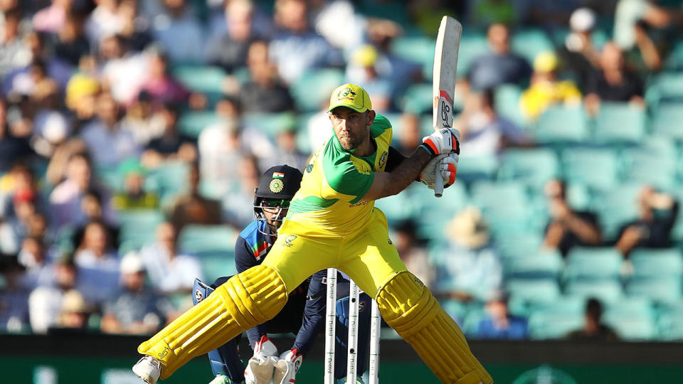 Glenn Maxwell can be seen here switch-hitting in the ODI series against India.