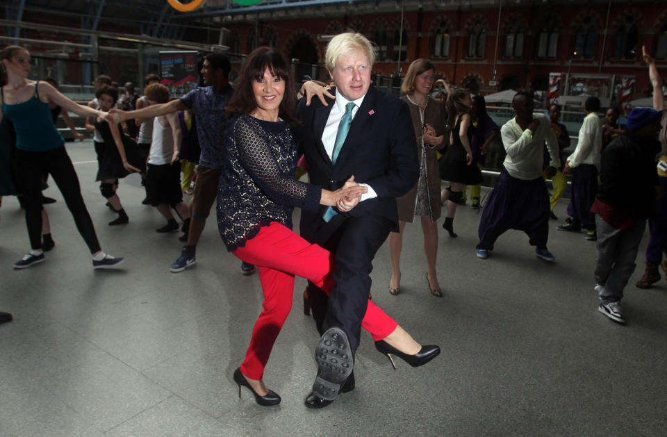 Mayor of London Boris Johnson and Arlene Phillips dance at St Pancras International Station during the launch of Big Dance 2012.