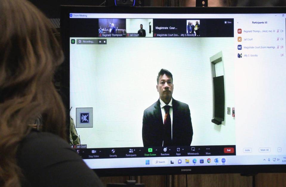 Local attorney Allen Jones, 51, appears remotely for a hearing before Municipal Court Judge Steven D. Smith Friday morning in Columbus, Georgia. 03/31/2023