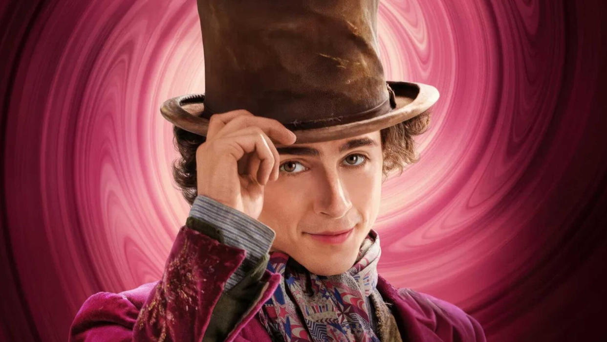  Timothée Chalamet taps his hat in a poster for Wonka. 