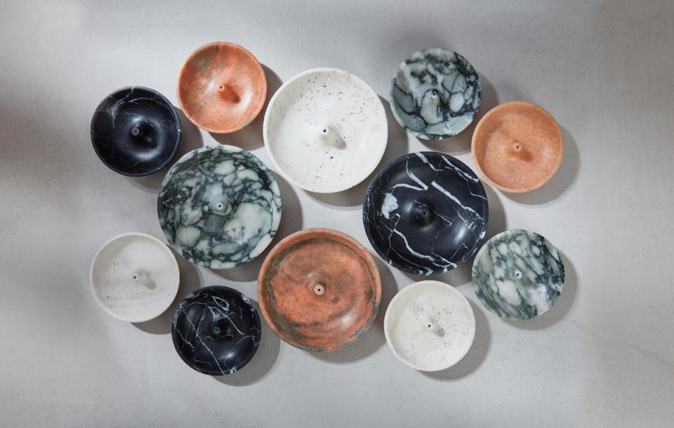 Marble incense holders in Bloom, Dune, Noir and Travertine by Broken English