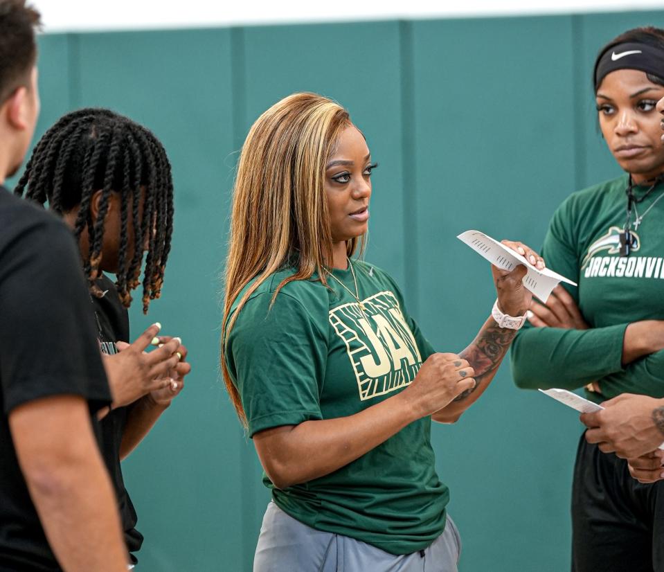 Jacksonville University women's basketball coach Special Jennings makes a point during a recent practice at Swisher Gym. Jennings is in her first season as the Dolphins coach.
