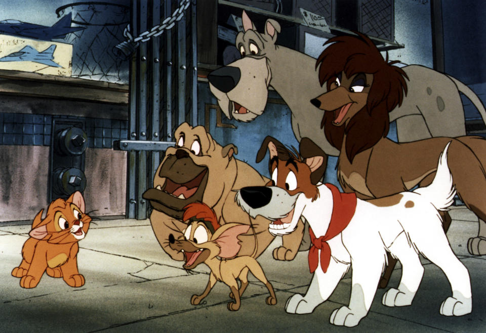 The animals of <em>Oliver & Company</em>, clockwise from left: Oliver (Joey Lawrence), Francis (Roscoe Lee Brown), Einstein (Richard Mulligan), Rita (Sheryl Lee Ralph), Dodger (Billy Joel), and Tito (Cheech Marin). (Photo: Walt Disney Pictures courtesy Everett Collection)