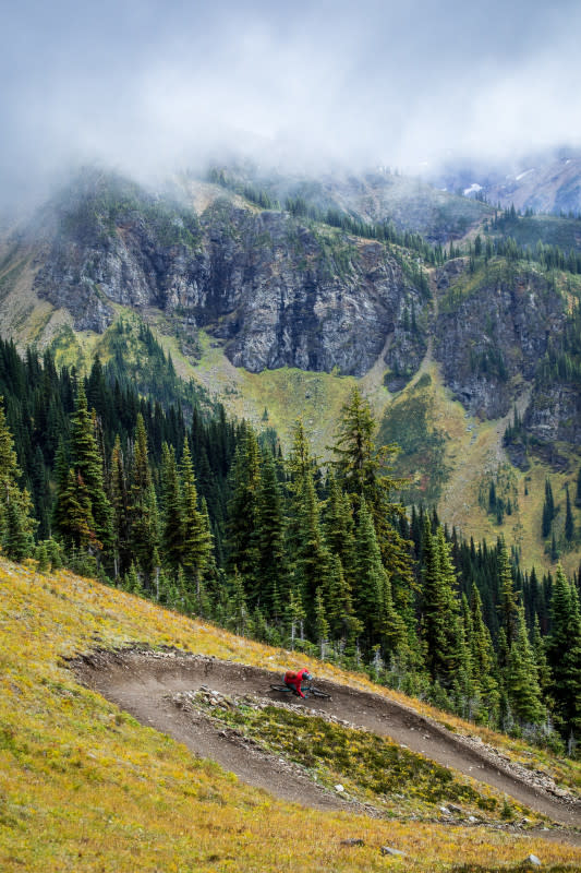 <p>Photo: Ryan Creary</p><p>Stu Dickson speeds through an alpine berm in the Selkirks. </p>