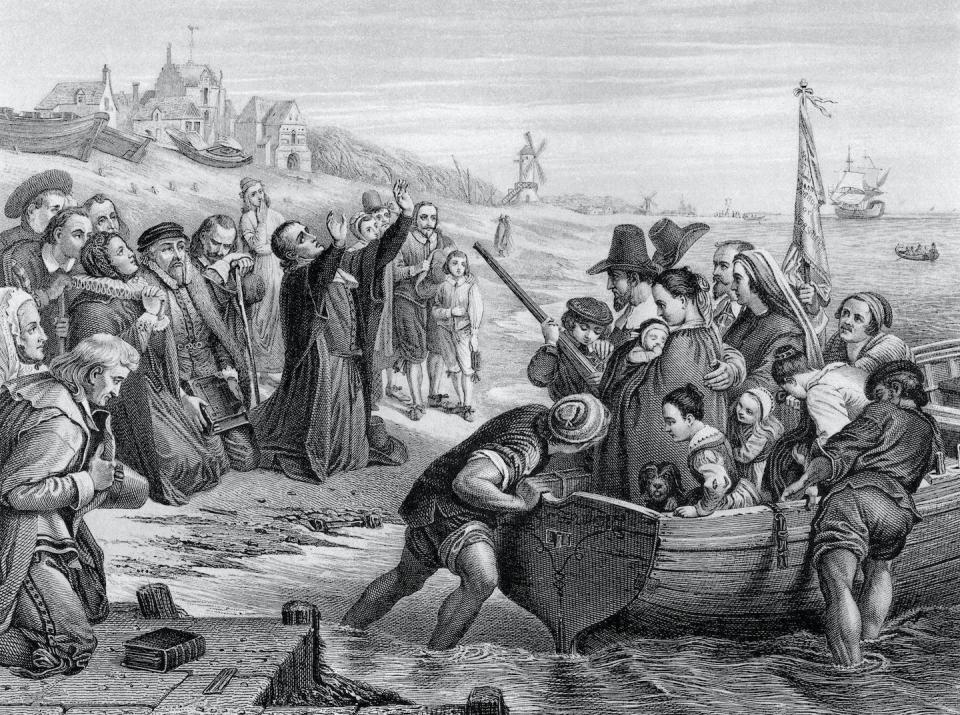 The Pilgrims celebrated Thanksgiving in their new home with the traditions they were familiar with. <a href="https://www.gettyimages.com/detail/illustration/pilgrim-fathers-leaving-england-royalty-free-illustration/500074668?phrase=mayflower%20illustration&adppopup=true" rel="nofollow noopener" target="_blank" data-ylk="slk:TonyBaggett/iStock / via Getty Images;elm:context_link;itc:0;sec:content-canvas" class="link ">TonyBaggett/iStock / via Getty Images</a>