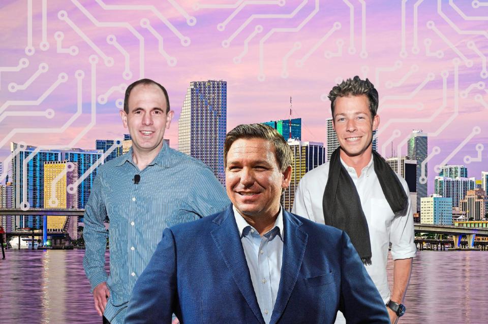 <p>Former LinkedIn executive Keith Rabois, Florida governor Ron DeSantis, and Kallpod’s Steven Barrow Barlow</p> (Evening Standard)