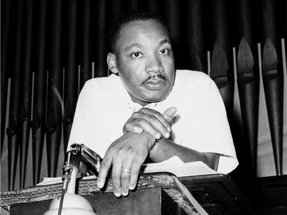 A black and white photo of Martin Luther King Jr