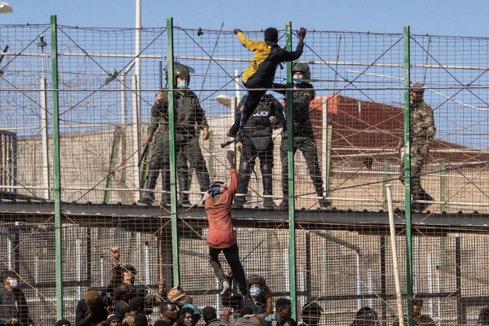 Migrants climb the fences separating the Spanish enclave of Melilla from Morocco in Melilla (AP)