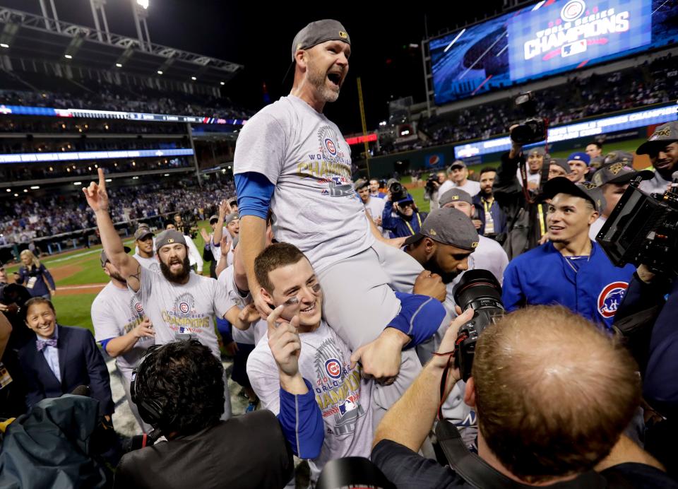 Chicago Cubs catcher David Ross after Game 7 of the Major League Baseball World Series against the Cleveland Indians Thursday, Nov. 3, 2016, in Cleveland. The Cubs won 8-7 in 10 innings to win the series 4-3. (AP Photo/Matt Slocum)