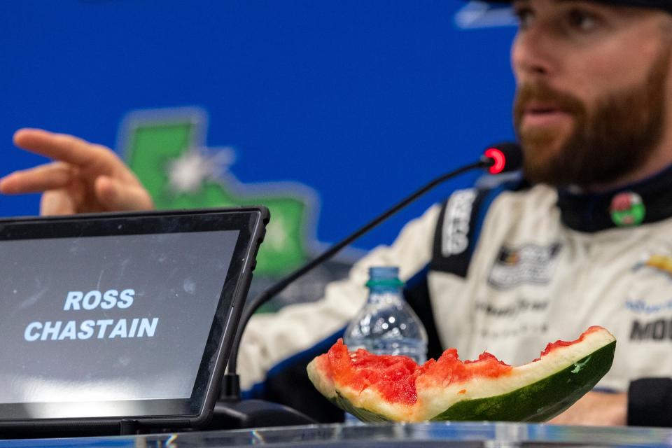 Ross Chastain shares his experiences as a watermelon farmer during a post-race interview after winning at Circuit of the Americas on March 27, 2022.