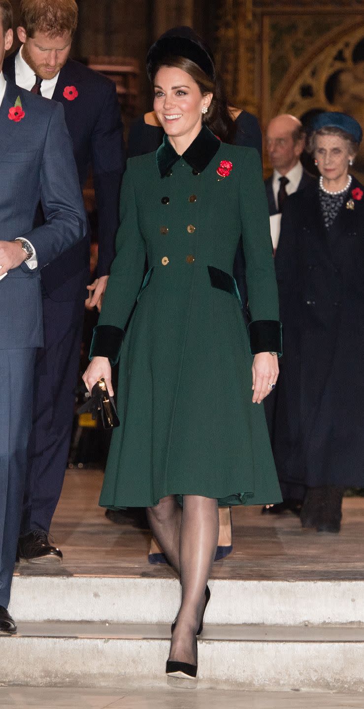 <p>The Duchess of Cambridge chose an emerald green coat with black velvet details for the centenary of World War I <a href="https://www.harpersbazaar.com/celebrity/latest/a24988908/kate-middleton-green-coat-remembrance-day-westminster-abbey/" rel="nofollow noopener" target="_blank" data-ylk="slk:armistice service;elm:context_link;itc:0;sec:content-canvas" class="link ">armistice service</a> at Westminster Abbey.</p>