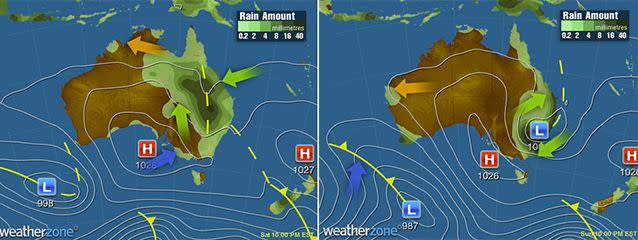 Weatherzone charts predict very heavy rain moving from Queensland to New South Wales and then further south on Saturday (left) and Sunday (right). Photo: Weatherzone