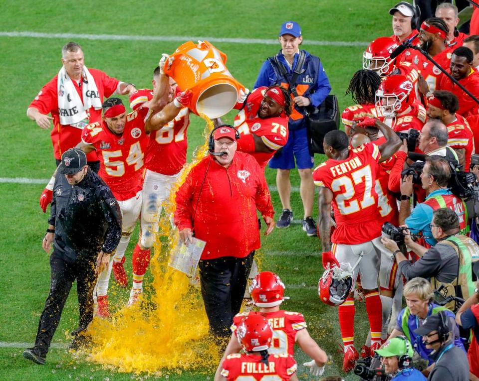 Kansas City Chiefs head coach Andy Reid reacts as players dump gatorade on him after winning against the San Francisco 49ers in Super Bowl 54 at Hard Rock Stadium in Miami Gardens, Florida on Sunday, February 2, 2020.