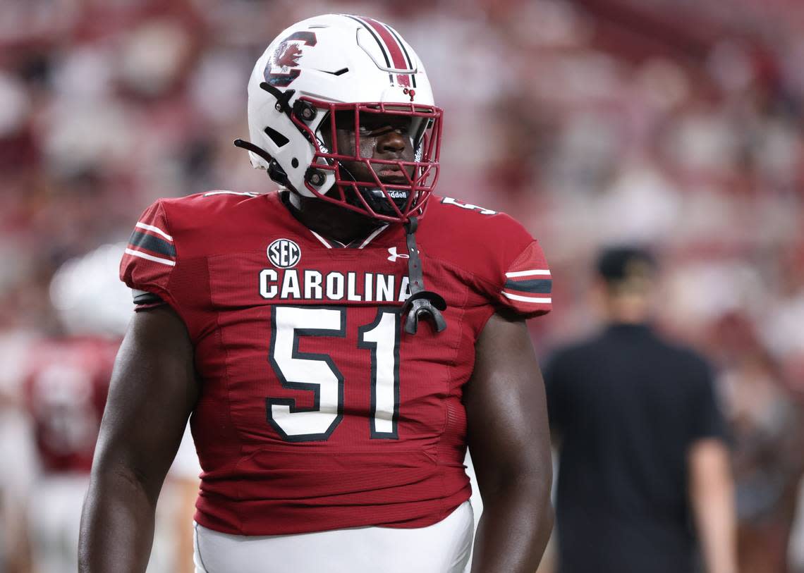 South Carolina offensive lineman Tree Babalade (51) warms up before the Gamecocks’ game at Williams-Brice Stadium in Columbia on Saturday, September 23, 2023.
