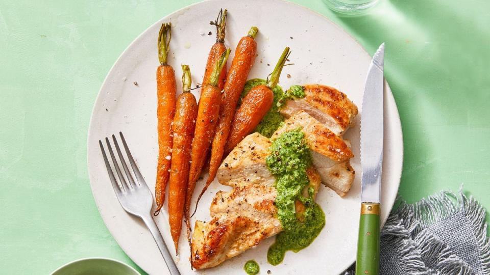 seared chicken with carrots and mintalmond pesto