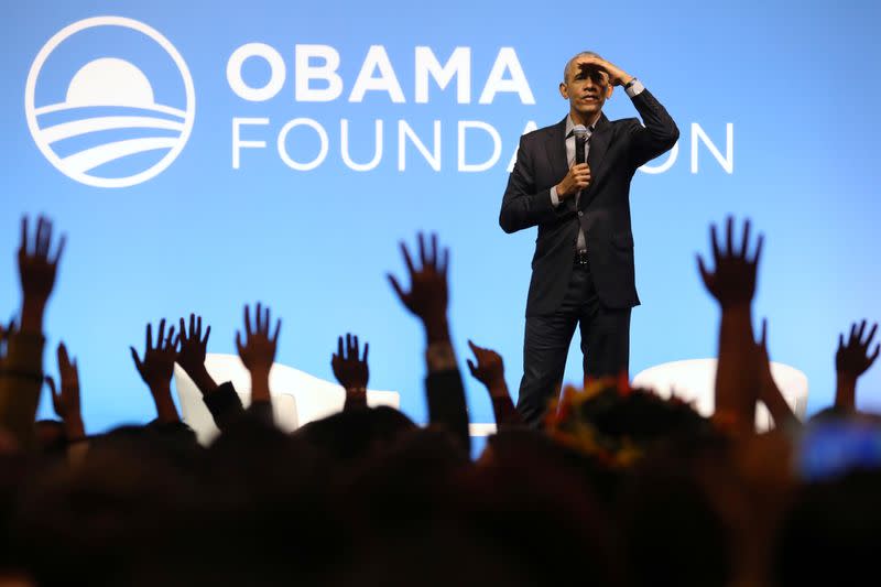 Former U.S. President Obama reacts during an Obama Foundation event in Kuala Lumpur