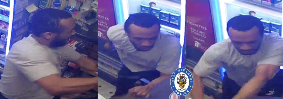 Appalling CCTV shows a vicious thug who tried to steal booze at knifepoint from a petrol station repeatedly punching a helpless cashier. (SWNS)
