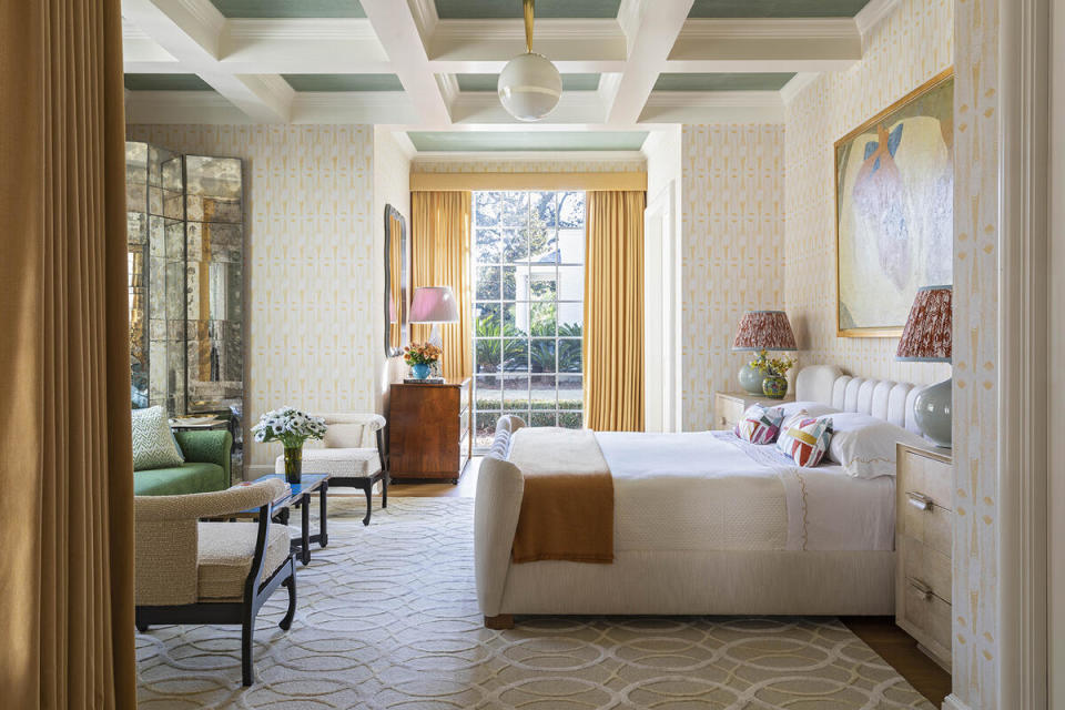 Light cascading into this bedroom inspired the sunny palette, while the custom bed takes its cues from the work of Osvaldo Borsani