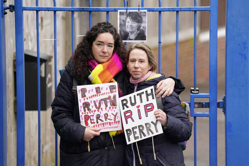 Ellen (left) and Liz (surnames not given) outside the gates to John Rankin Schools in Newbury, Berkshire, where headteacher Flora Cooper is planning to refuse entry to Ofsted inspectors following the death of the leader of a nearby school, Ruth Perry. Ms Perry, who was head at Caversham Primary School in Reading, killed herself in January while waiting for an Ofsted report which gave her school the lowest possible rating, her family said. Picture date: Tuesday March 21, 2023. (Photo by Andrew Matthews/PA Images via Getty Images)