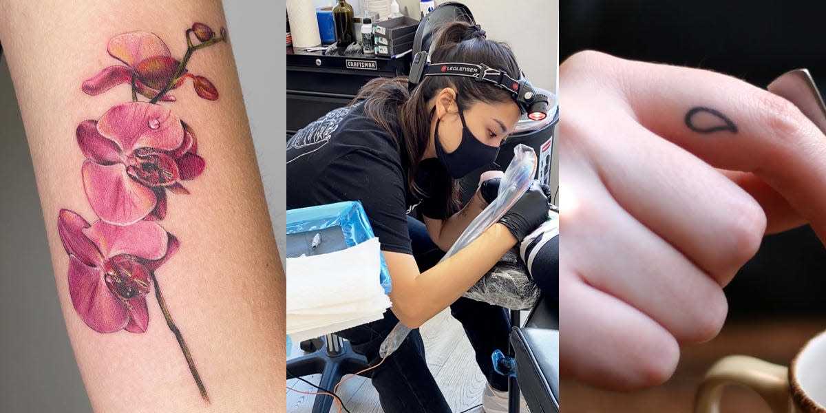 On the left, pink realistic flower tattoo on arm. In the middle, Alissa in a black shirt tattooing a client. On the right, finger with water drop tattoo.