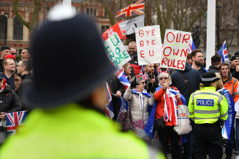 Brexiteers in Parliament Square marked Friday January 31st with placards and patriotic colours