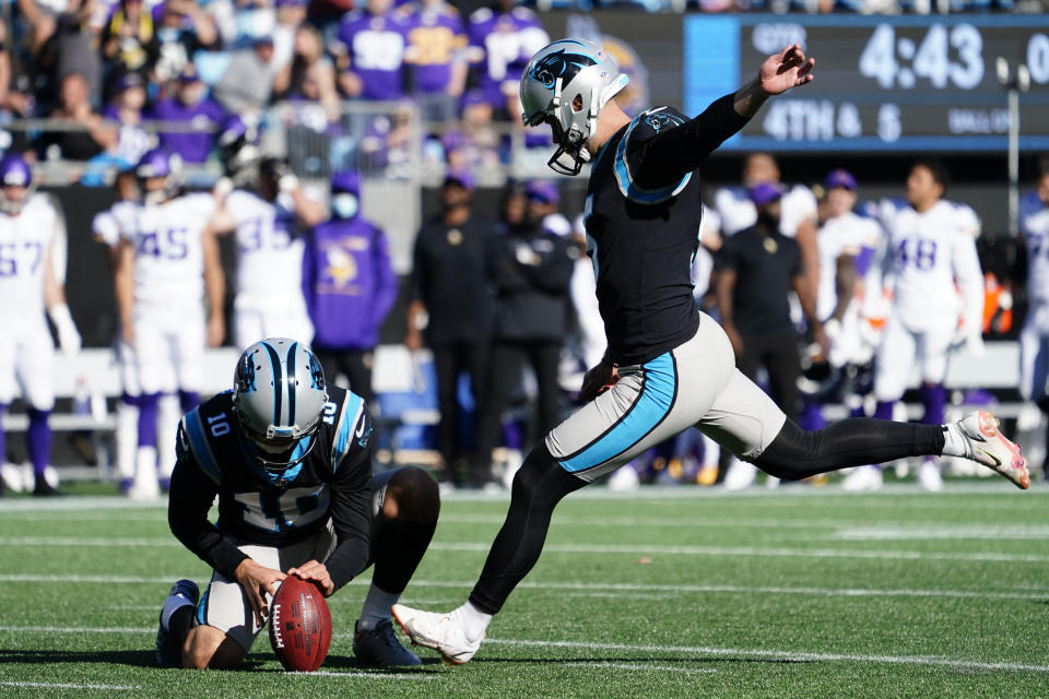 Carolina Panthers Zane Gonzalez (5) kicks a field goal against the Minnesota Vikings during the second half of an NFL football game, Sunday, Oct. 17, 2021, in Charlotte, N.C. (AP Photo/Jacob Kupferman)