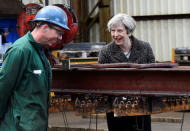 Britain's Prime Minister Theresa May chats to a worker during a visit to a steel works in Newport, Wales, April 25, 2017. REUTERS/Rebecca Naden