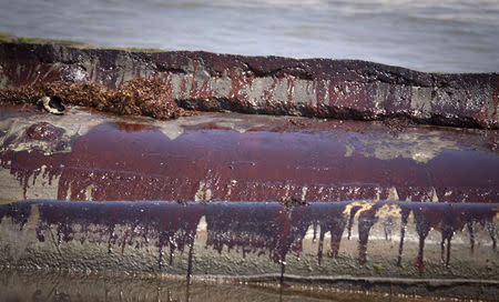 Oil from the Deepwater Horizon Oil Spill coats concrete sea barriers in Port Fourchon, Louisiana, May 24, 2010. REUTERS/Lee Celano