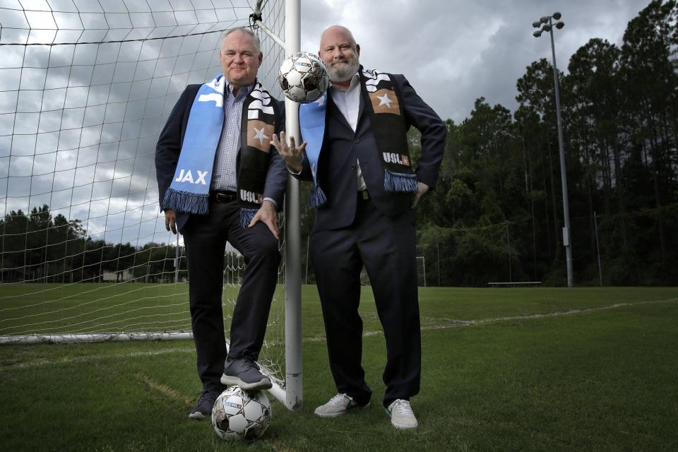 Steve Livingstone and Tony Allegretti are pictured on August 29, 2022 at one of the Veterans Park soccer fields in St. Johns County. Steve Livingstone and Tony Allegretti are two members of the JAXUSL ownership group that are trying to bring professional soccer back to Jacksonville. The organization received approval this week for the rights to launch a franchise in the United Soccer League for the 2025 season. [Bob Self/Florida Times-Union]