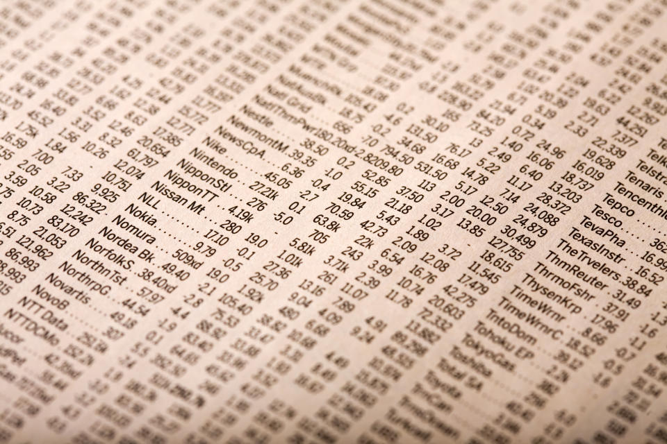 Stock quotes in a newspaper.