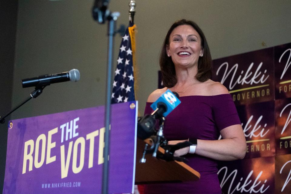 Nikki Fried speaks during a campaign event on Tuesday, Aug. 16, 2022 at Proof Brewing Company in Tallahassee, Fla. 