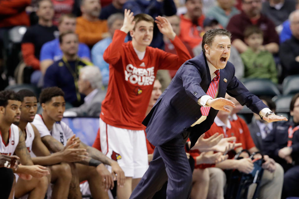 Rick Pitino of the Louisville Cardinals reacts in the first half of a game during the 2017 NCAA tournament. (Andy Lyons/Getty Images)