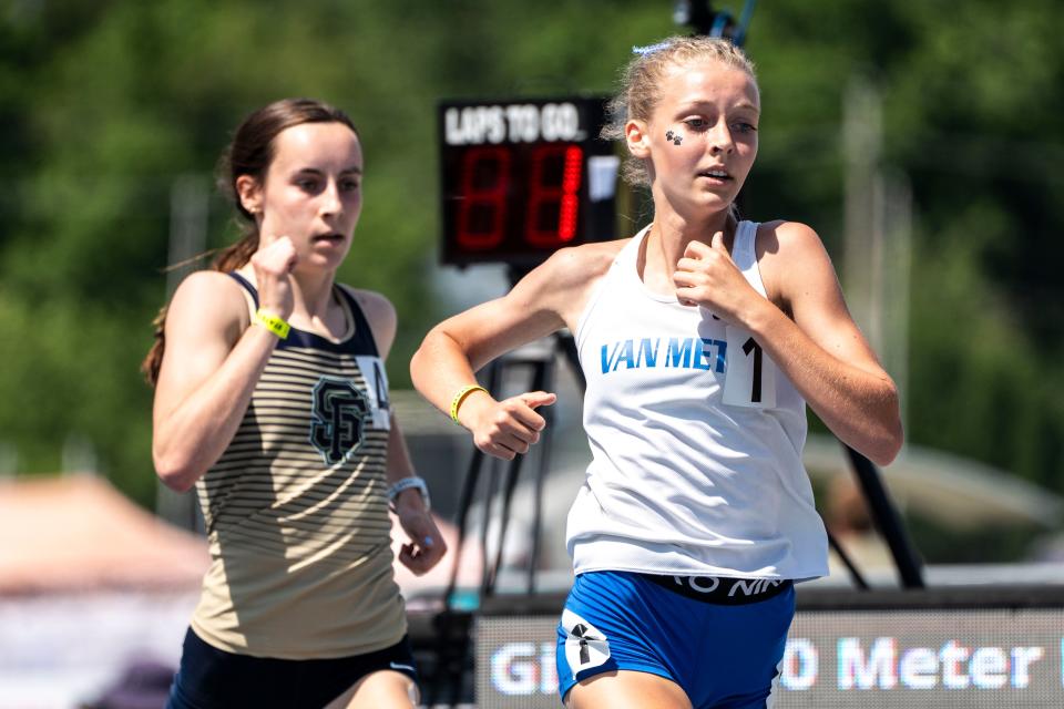 Van Meter's Laura Streck runs the 2A 1500 meter race during the Iowa high school state track and field meet at Drake Stadium on Saturday, May 18, 2024, in Des Moines.