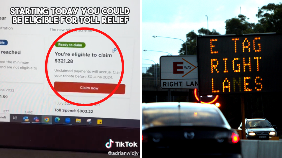 A composite image of a freeze frame from a TikTok video which shows someones toll refund and cars driving on a Sydney mortorway with an e-tag sign.