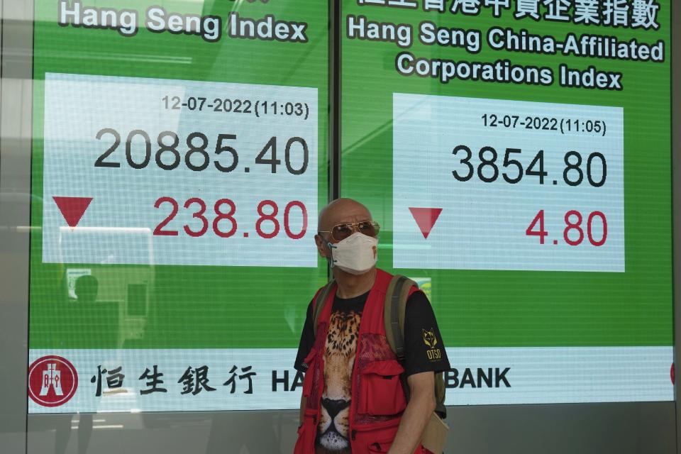 A man wearing a face mask walks past a bank's electronic board showing the Hong Kong share index in Hong Kong, Tuesday, July 12, 2022. Asian shares fell Tuesday after a slump on Wall Street erased recent gains. (AP Photo/Kin Cheung)