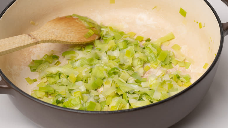 cooked leeks in a pan