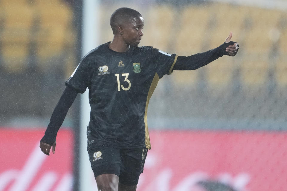 South Africa's Bambanani Mbane gestures during the Women's World Cup Group G soccer match between Sweden and South Africa in Wellington, New Zealand, Sunday, July 23, 2023. (AP Photo/John Cowpland )