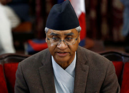 Nepalese Prime Minister Sher Bahadur Deuba announces his resignation in Kathmandu, Nepal February 15, 2018. REUTERS/Navesh Chitrakar