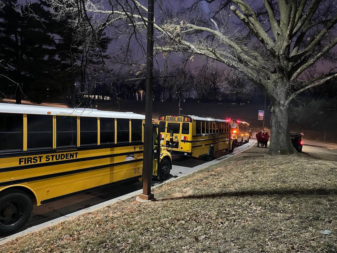 Before dawn, buses lined up at the Kansas City Zoo, awaiting passengers. It was one of five shuttle stops provided for the parade.