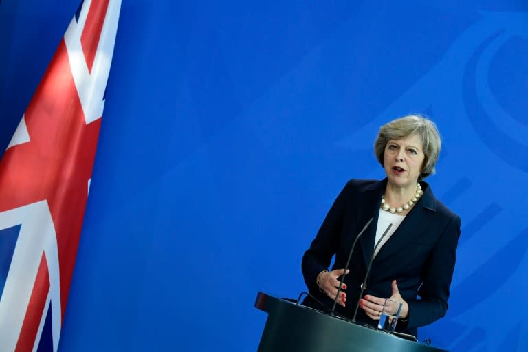 British Prime Minister Theresa May addresses a joint press conference after talks with the German chancellor, in Berlin on July 20, 2016