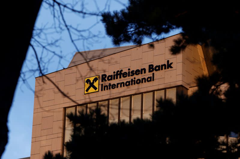 FILE PHOTO: The logo of Raiffeisen Bank International (RBI) is seen at its headquarters in Vienna