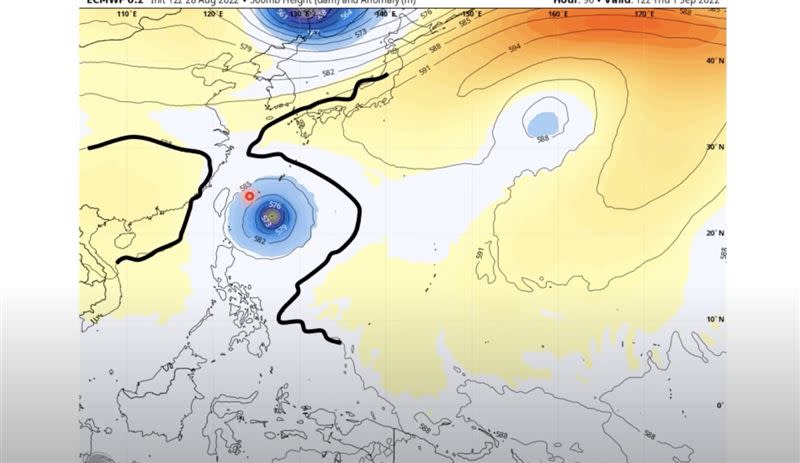 賈新興分析9月1日到3日軒嵐諾左右兩側有高氣壓影響。（圖／翻攝自Hsin Hsing Chia YouTube）