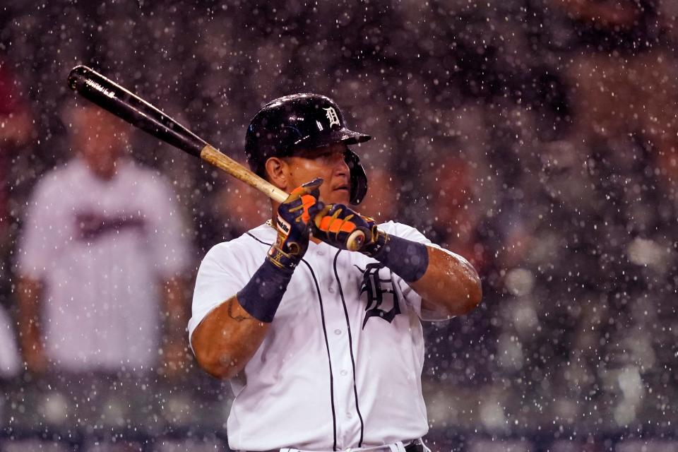 Rain falls on Tigers first baseman Miguel Cabrera during the ninth inning against the White Sox on Friday, June 11, 2021, at Comerica Park.