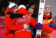 <p>Norway celebrates winning gold in Ski Jumping – Men’s Team Large Hill on day 10 of the 2018 Winter Olympic Games on February 19, 2018 in PyeongChang, South Korea.<br> (Photo by Ryan Pierse/Getty Images) </p>